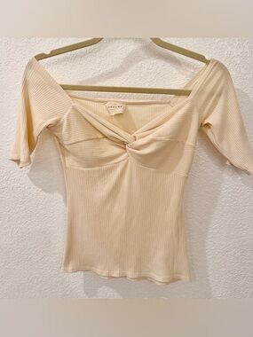 Sezane Caro Cream Ribbed Knot-Front Women's Top